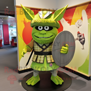 Lime Green Samurai mascot costume character dressed with a Board Shorts and Tie pins