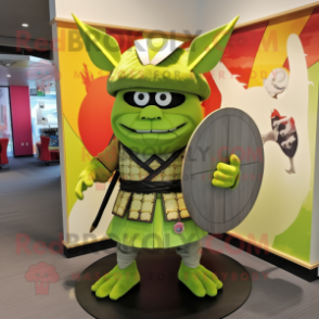 Lime Green Samurai mascot costume character dressed with a Board Shorts and Tie pins