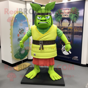 Lime Green Samurai mascot costume character dressed with a Board Shorts and Tie pins