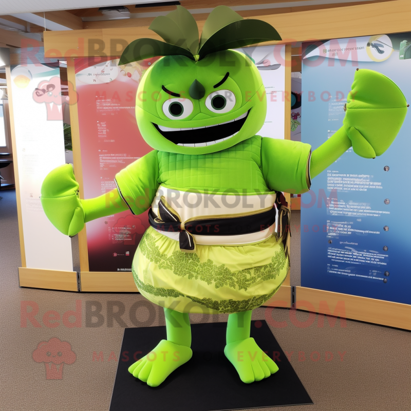 Lime Green Samurai mascot costume character dressed with a Board Shorts and Tie pins Lime Green Samurai mascot costume character dressed with a Board Shorts and Tie pins