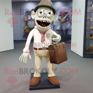 Cream Zombie mascot costume character dressed with a V-Neck Tee and Handbags