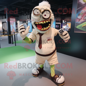 Cream Zombie mascot costume character dressed with a V-Neck Tee and Handbags