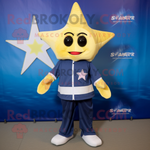 Navy Starfish mascot costume character dressed with a Windbreaker and Foot pads