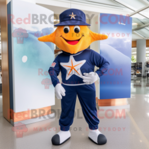 Navy Starfish mascot costume character dressed with a Windbreaker and Foot pads