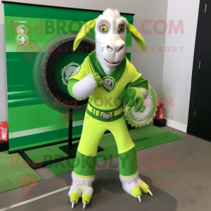 Lime Green Boer Goat mascot costume character dressed with a Graphic Tee and Rings