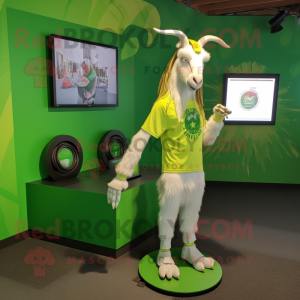 Lime Green Boer Goat mascot costume character dressed with a Graphic Tee and Rings