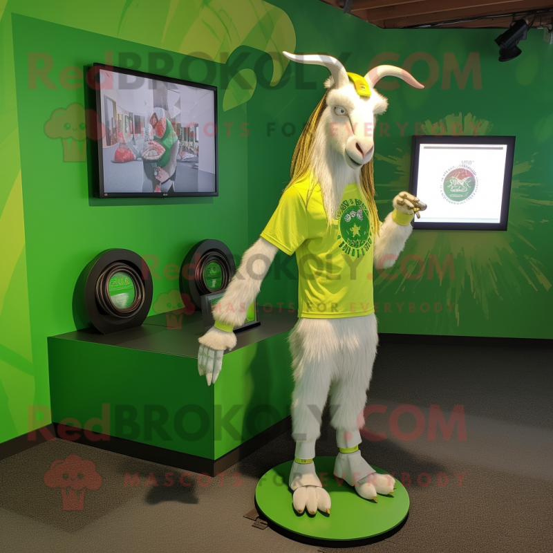 Lime Green Boer Goat mascot costume character dressed with a Graphic Tee and Rings Lime Green Boer Goat mascot costume character dressed with a Graphic Tee and Rings