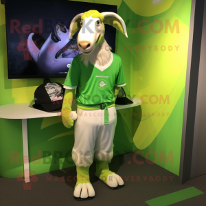 Lime Green Boer Goat mascot costume character dressed with a Graphic Tee and Rings