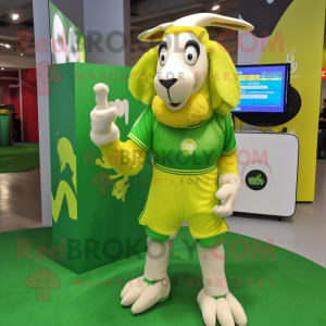 Lime Green Boer Goat mascot costume character dressed with a Graphic Tee and Rings