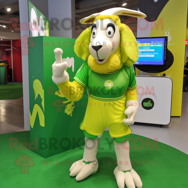 Lime Green Boer Goat mascot costume character dressed with a Graphic Tee and Rings Lime Green Boer Goat mascot costume character dressed with a Graphic Tee and Rings