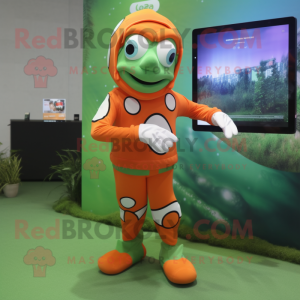 Olive Clown Fish mascot costume character dressed with a Long Sleeve Tee and Smartwatches