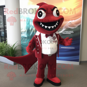 Maroon Barracuda mascot costume character dressed with a Suit Pants and Shoe clips