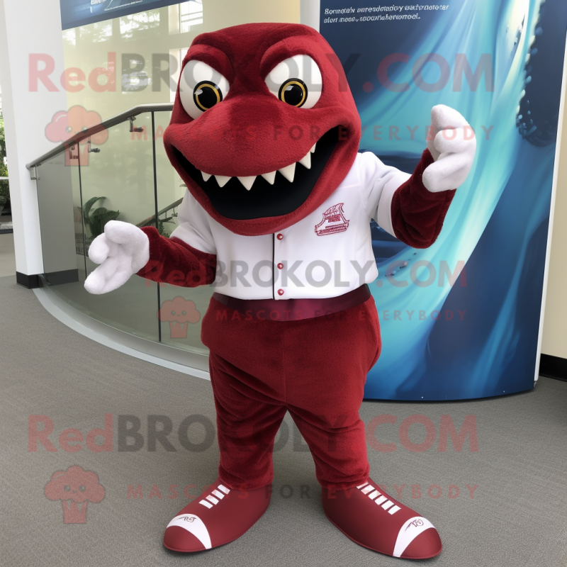 Maroon Barracuda mascot costume character dressed with a Suit Pants and Shoe clips