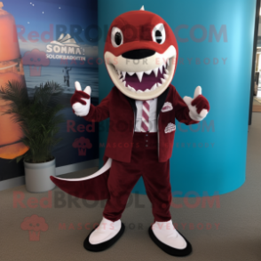 Maroon Barracuda mascot costume character dressed with a Suit Pants and Shoe clips
