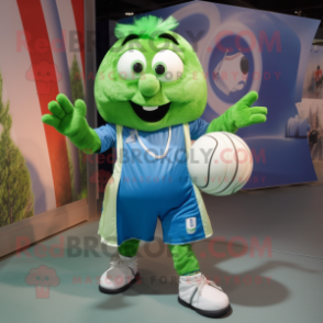 Green Handball Ball mascot costume character dressed with a Chambray Shirt and Suspenders