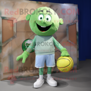 Green Handball Ball mascot costume character dressed with a Chambray Shirt and Suspenders
