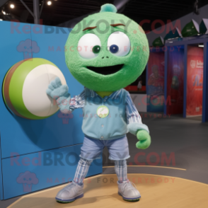 Green Handball Ball mascot costume character dressed with a Chambray Shirt and Suspenders