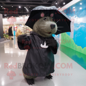 Black Capybara mascot costume character dressed with a Raincoat and Hair clips