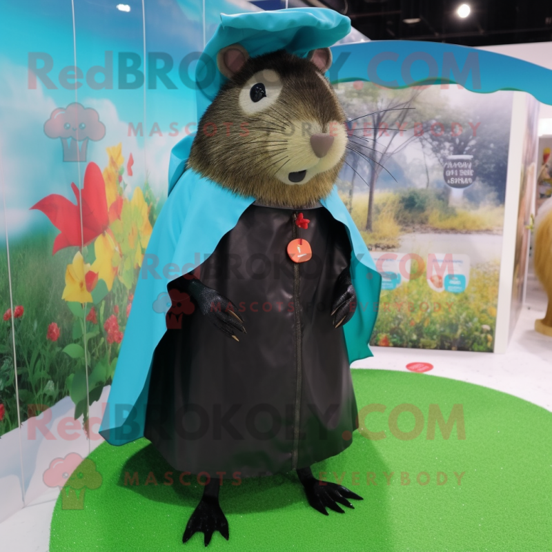 Black Capybara mascot costume character dressed with a Raincoat and Hair clips