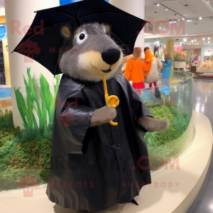 Black Capybara mascot costume character dressed with a Raincoat and Hair clips