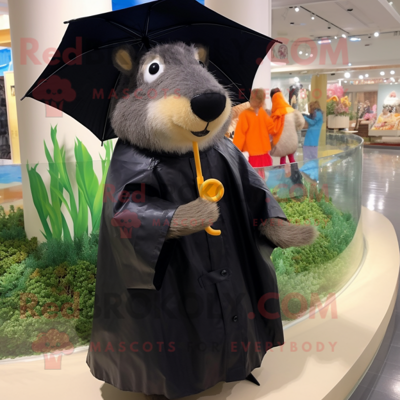 Black Capybara mascot costume character dressed with a Raincoat and Hair clips Black Capybara mascot costume character dressed with a Raincoat and Hair clips