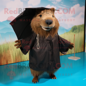 Black Capybara mascot costume character dressed with a Raincoat and Hair clips