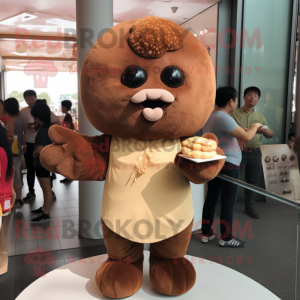Brown Dim Sum mascot costume character dressed with a Henley Shirt and Hairpins