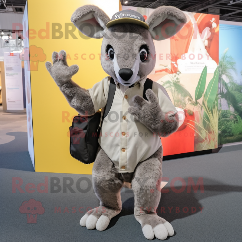 Gray Kangaroo mascot costume character dressed with a Trousers and Coin purses Gray Kangaroo mascot costume character dressed with a Trousers and Coin purses