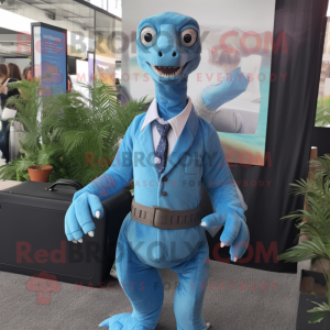 Blue Coelophysis mascot costume character dressed with a Poplin Shirt and Briefcases