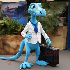 Blue Coelophysis mascot costume character dressed with a Poplin Shirt and Briefcases