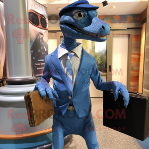 Blue Coelophysis mascot costume character dressed with a Poplin Shirt and Briefcases