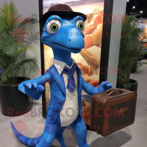 Blue Coelophysis mascot costume character dressed with a Poplin Shirt and Briefcases