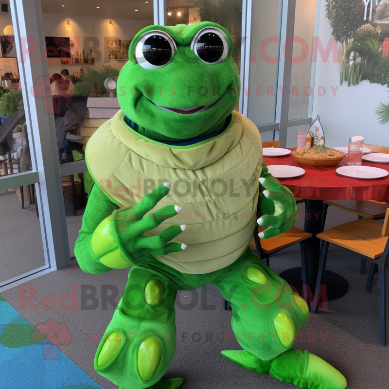 Lime Green Crab Cakes mascot costume character dressed with a Turtleneck and Necklaces