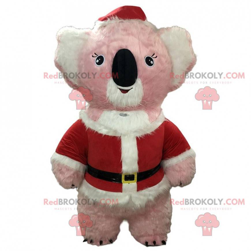 Mascotte koala rosa e bianco vestita da Babbo Natale -