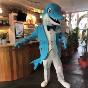 Cyan Dolphin mascot costume character dressed with a Suit Pants and Suspenders