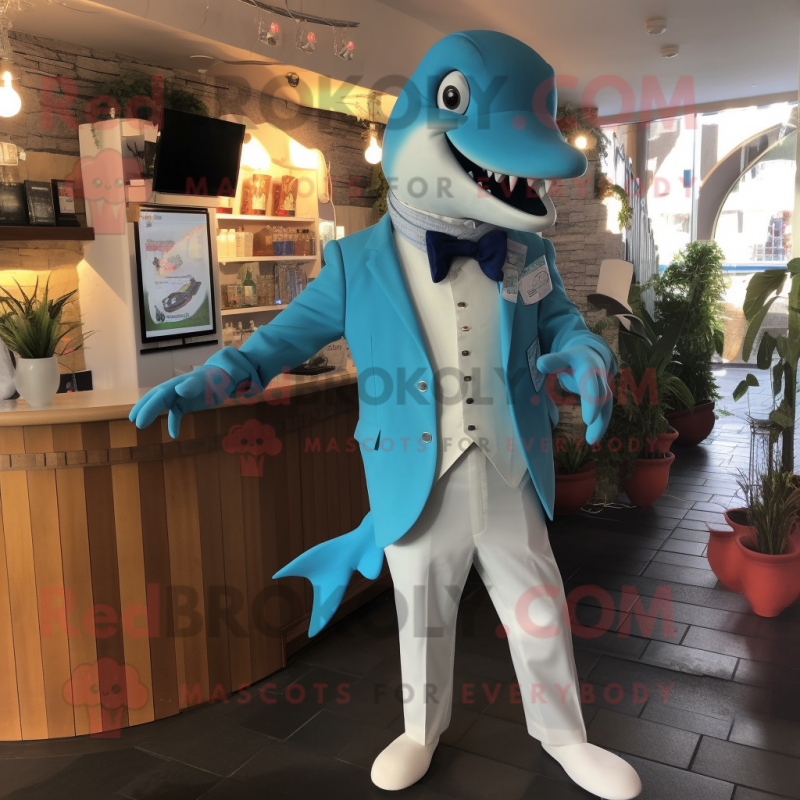 Cyan Dolphin mascot costume character dressed with a Suit Pants and Suspenders Cyan Dolphin mascot costume character dressed with a Suit Pants and Suspenders