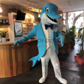 Cyan Dolphin mascot costume character dressed with a Suit Pants and Suspenders
