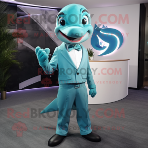 Cyan Dolphin mascot costume character dressed with a Suit Pants and Suspenders