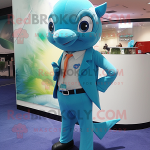 Cyan Dolphin mascot costume character dressed with a Suit Pants and Suspenders