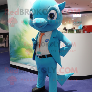 Cyan Dolphin maskot kostume...