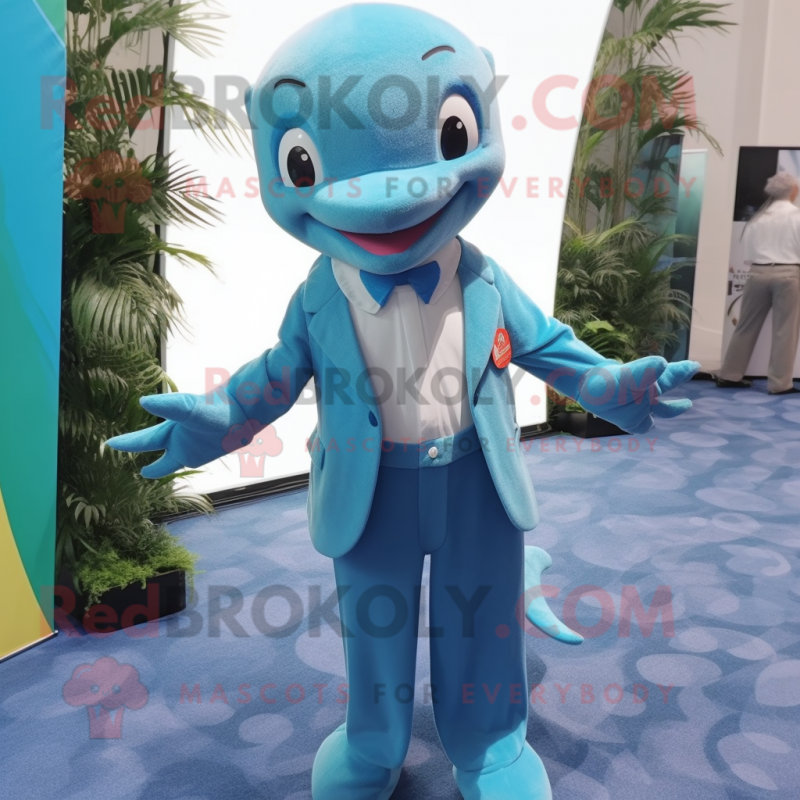 Cyan Dolphin mascot costume character dressed with a Suit Pants and Suspenders