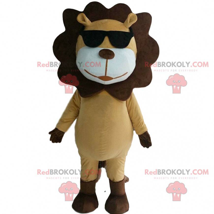 Mascote leão bege e marrom com óculos de sol - Redbrokoly.com