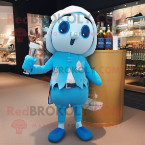 Sky Blue Champagne mascot costume character dressed with a Culottes and Messenger bags