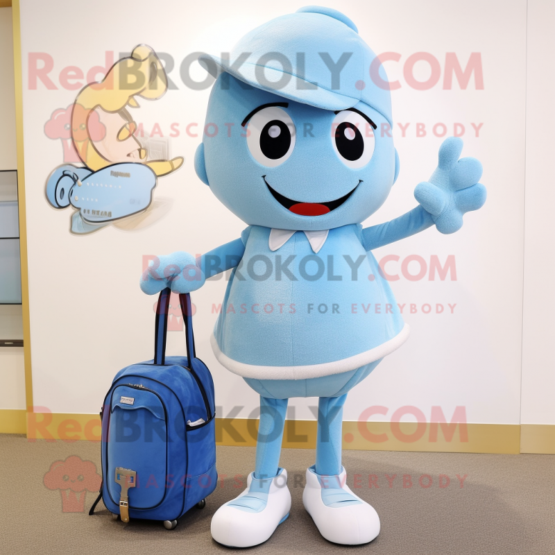 Sky Blue Champagne mascot costume character dressed with a Culottes and Messenger bags