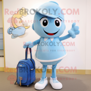 Sky Blue Champagne mascot costume character dressed with a Culottes and Messenger bags