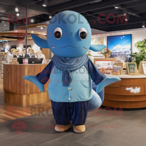 Brown Blue Whale mascot costume character dressed with a Jumpsuit and Scarves