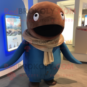 Brown Blue Whale mascot costume character dressed with a Jumpsuit and Scarves