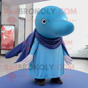 Brown Blue Whale mascot costume character dressed with a Jumpsuit and Scarves