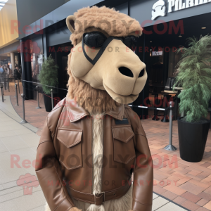 Tan Camel mascot costume character dressed with a Leather Jacket and Bow ties
