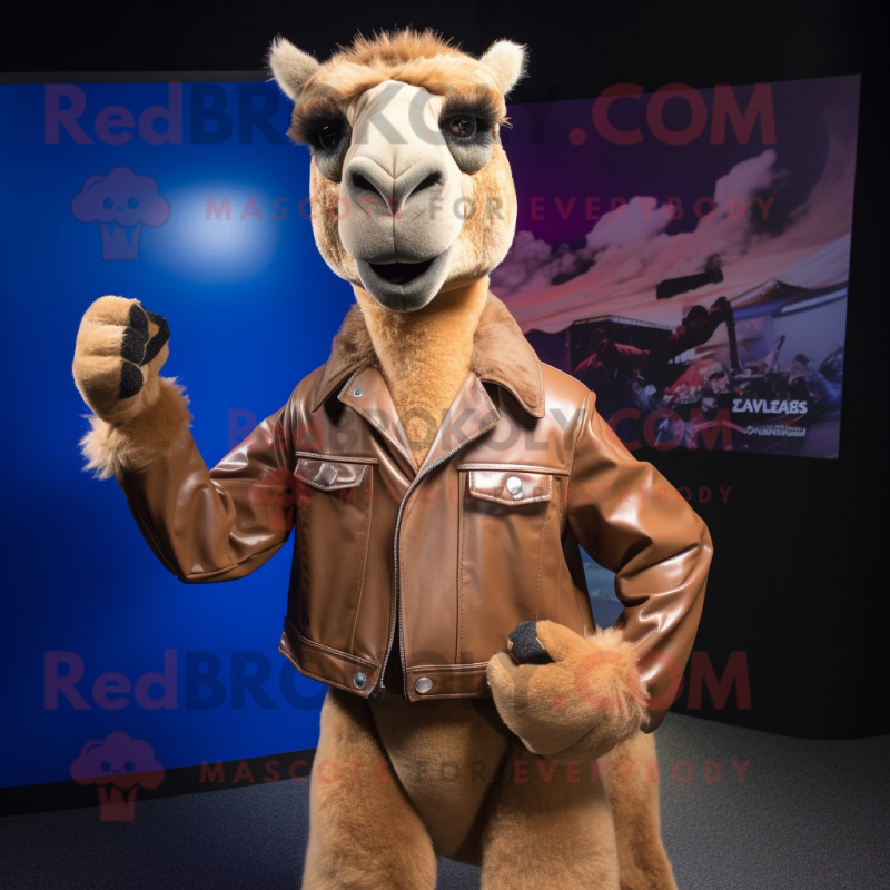 Tan Camel mascot costume character dressed with a Leather Jacket and Bow ties Tan Camel mascot costume character dressed with a Leather Jacket and Bow ties